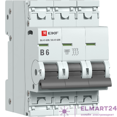 Выключатель автоматический модульный 3п B 6А 6кА ВА 47-63N PROxima EKF M636306B