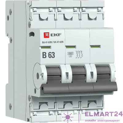 Выключатель автоматический модульный 3п B 63А 6кА ВА 47-63N PROxima EKF M636363B