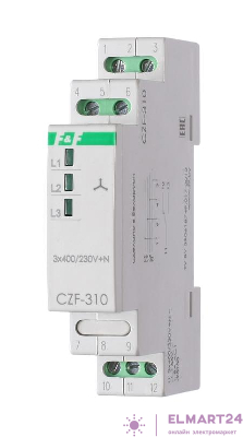 Реле контроля фаз CZF-310 (1 модуль; монтаж на DIN-рейке; 3х400/230+N 8А 1NO/NC IP20) F&F EA04.001.005