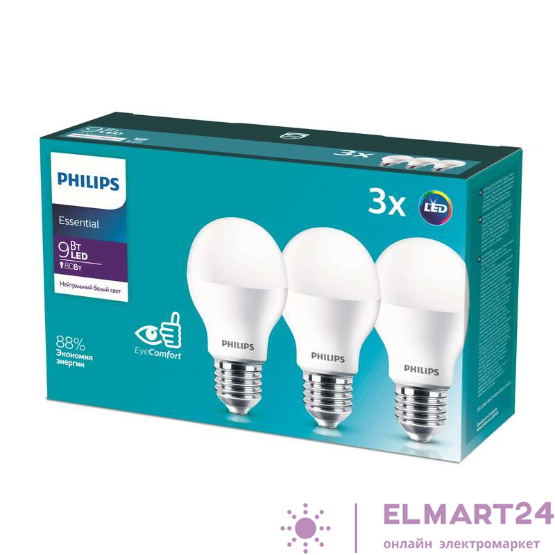 Лампа светодиодная ESS LEDBulb 9Вт E27 4000К 230В 3CT/4 RCA (уп.3шт) Philips 929001962847 / 871869961622900