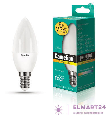 Лампа светодиодная LED8-C35/830/E14 8Вт свеча 3000К тепл. бел. E14 720лм 170-265В Camelion 12385