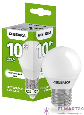 Лампа светодиодная G45 10Вт шар 4000К E27 230В GENERICA LL-G45-10-230-40-E27-G