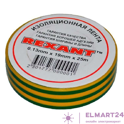 Изолента 19мм (рул.25м) желт./зел. REXANT 09-2207