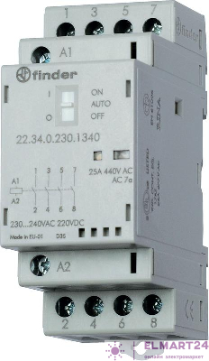 Контактор модульный 4NO 25А AgNi 24В AC/DC 35мм IP20 опции: мех. индикатор + LED FINDER 223400241320