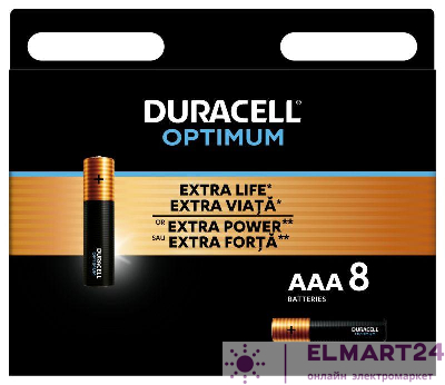 Элемент питания алкалиновый ААА 1.5В LR03-8BL Optimum 5014070 (блист.8шт) Duracell Б0056025