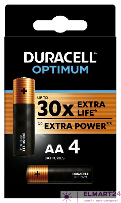 Элемент питания алкалиновый АА 1.5В LR6-4BL Optimum 5014061 (блист.4шт) Duracell Б0056020