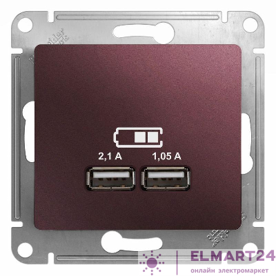 Розетка USB 2-м СП Glossa тип A+A 5В/2100мА 2х5В/1050мА механизм баклажан. SE GSL001133