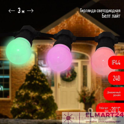 Гирлянда "Белт Лайт" 3м 10LED RGB шаг 30см мультиколор 24В каучуковая изоляция IP44 динамич.режим с контроллером и трансформ. ЭРА Б0047957