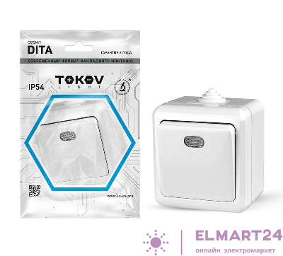 Выключатель 1-кл. ОП Dita IP54 10А 250В с индикацией бел. TOKOV ELECTRIC TKL-DT-V1I-C01-IP54