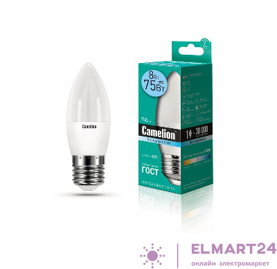 Лампа светодиодная LED8-C35/845/E27 8Вт свеча 4500К бел. E27 750лм 170-265В Camelion 12390