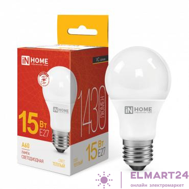 Лампа светодиодная LED-A60-VC 15Вт грушевидная 3000К тепл. бел. E27 1430лм 230В IN HOME 4690612020266