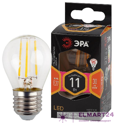 Лампа светодиодная филаментная F-LED P45-11w-827-E27 P45 11Вт шар E27 тепл. бел. ЭРА Б0047013