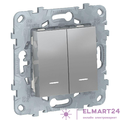 Механизм выключателя 2-кл. 2мод. СП Unica New IP21 (2х(сх. 1а)) с подсветкой алюм. SchE NU521130N