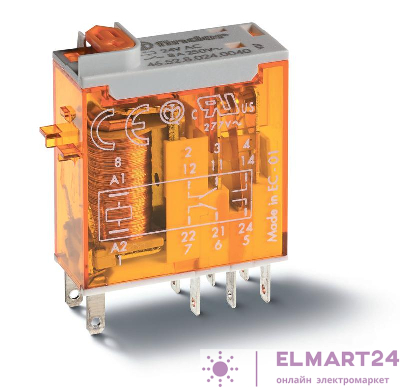Реле миниатюрное промышленное электромеханич. монтаж в розетку или наконечники Faston (2.5х0.5мм) 2CO 8А AgNi 24В DC влагозащ. RTII опции: кнопка тест + мех. индикатор + диод + LED(DC неполяризов.) FINDER 465290240074