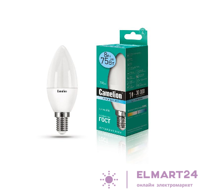 Лампа светодиодная LED8-C35/845/E14 8Вт свеча 4500К бел. E14 750лм 170-265В Camelion 12386