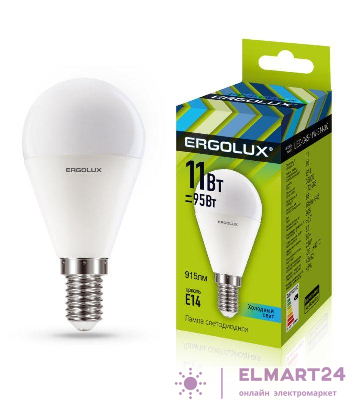 Лампа светодиодная LED-G45-11W-E14-4K Шар 11Вт E14 4500К 172-265В Ergolux 13628