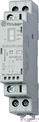 Контактор модульный 2NO 25А AgNi 24В AC/DC 17.5мм IP20 опции: переключатель Авто-Вкл-Выкл + мех. индикатор + LED FINDER 223200241340