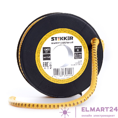 Кабель-маркер "8" для провода сеч. 4мм2 STEKKER CBMR25-8 , желтый, упаковка 1000 шт 39105