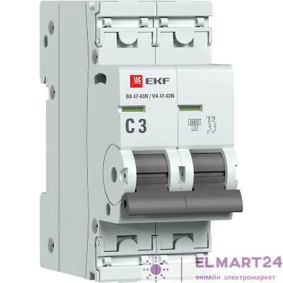 Выключатель автоматический модульный 2п C 3А 6кА ВА 47-63N PROxima EKF M636203C