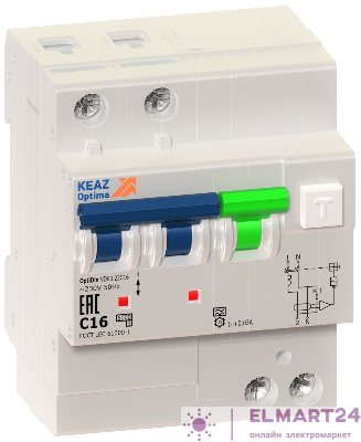 Выключатель автоматический дифференциального тока 2п C 16А 30мА тип A 6кА OptiDin VD63 УХЛ4 КЭАЗ 103453