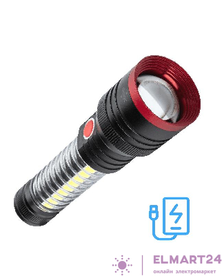 Фонарь аккумуляторный ручной 10Вт LED+5Вт COB LED+красн. zoom-линза Li-ion 18650 2200мА.ч Power-bank корпус анодир. алюм. USB-шнур type C магнит на корпусе КОСМОС KOC132Lit