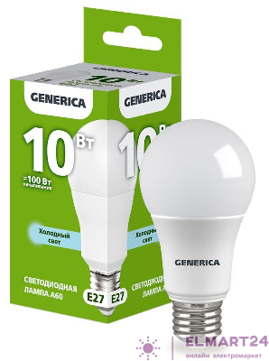 Лампа светодиодная A60 10Вт грушевидная 6500К E27 230В GENERICA LL-A60-10-230-65-E27-G