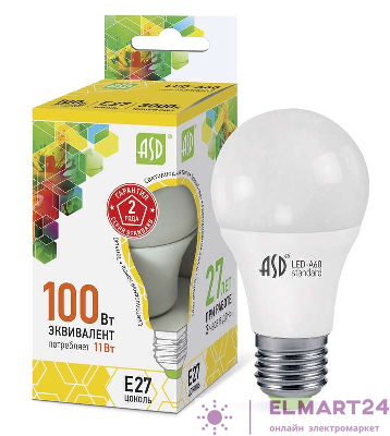 Лампа светодиодная LED-A60-standard 11Вт грушевидная 3000К тепл. бел. E27 990лм 160-260В ASD 4690612001739