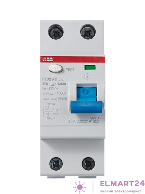 Выключатель дифференциального тока (УЗО) 2п 25А 30мА тип AC F202 ABB 2CSF202001R1250
