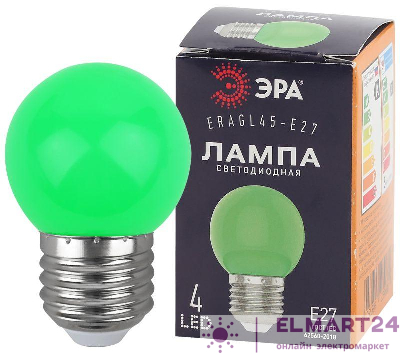 Лампа светодиодная ERAGL45-E27 P45 1Вт шар зел. E27 4SMD для белт-лайт ЭРА Б0049574