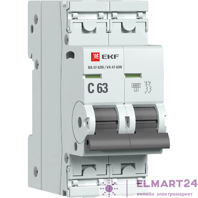 Выключатель автоматический модульный 2п C 63А 6кА ВА 47-63N PROxima EKF M636263C