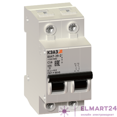 Выключатель автоматический модульный 2п C 6А 4.5кА ВА47-29-2C6-УХЛ3 КЭАЗ 231628