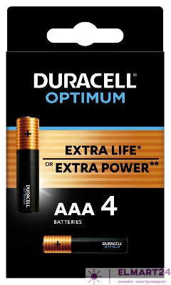 Элемент питания алкалиновый ААА 1.5В LR03-4BL Optimum 5014062 (блист.4шт) Duracell Б0056021