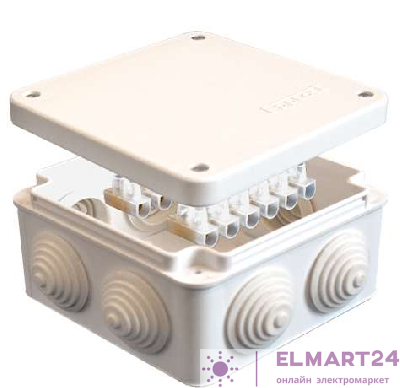 Коробка распр. ОП 105х105х56 7 выходов 4 гермоввода с клемм. 10А 12 контактов IP54 крышка на винтах бел. Epplast 110043