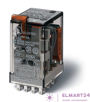 Реле миниатюрное универсальное электромеханич. монтаж в розетку 4CO 7А AgNi 24В AC RTI FINDER 553480240000