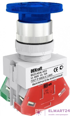 Выключатель кнопочный "Грибок" AEAL ВК-22 d22мм с фиксацией син. DEKraft 25036DEK