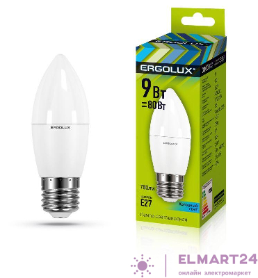 Лампа светодиодная LED-C35-9W-E27-4К 9Вт свеча 4000К нейтр. бел. E27 172-265В Ergolux 13171