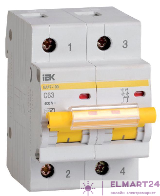 Выключатель автоматический модульный 2п C 63А 10кА ВА47-100 KARAT IEK MVA40-2-063-C