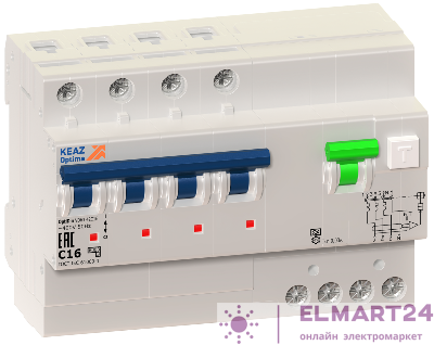 Выключатель автоматический дифференциального тока 4п C 16А 30мА тип A 6кА OptiDin VD63 УХЛ4 КЭАЗ 103476