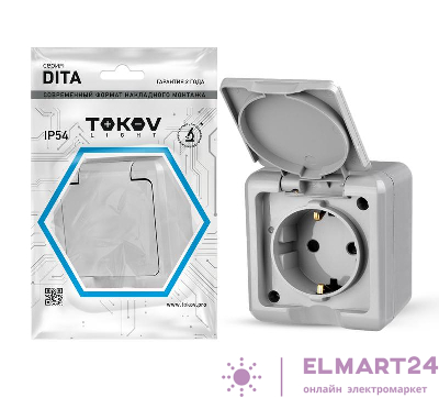 Розетка 1-м ОП Dita 16А IP54 250В с заземл. с крышкой сер. TOKOV ELECTRIC TKL-DT-R1Z-C06-IP54