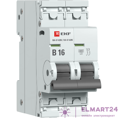 Выключатель автоматический модульный 2п B 16А 6кА ВА 47-63N PROxima EKF M636216B