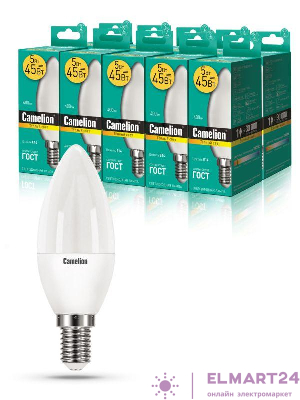 Лампа светодиодная LED5-C35/830/E14 5Вт свеча 3000К тепл. бел. E14 390лм 220-240В Camelion 12031