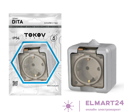 Розетка 1-м ОП Dita 16А IP54 250В с заземл. с прозр. крышкой сер. TOKOV ELECTRIC TKL-DT-R1Z-C06T-IP54