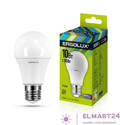 Лампа светодиодная LED-A60-10W-E27-6500K грушевидная ЛОН 172-265В Ergolux 12879