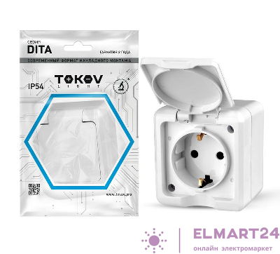 Розетка 1-м ОП Dita 16А IP54 250В с заземл. с крышкой бел. TOKOV ELECTRIC TKL-DT-R1Z-C01-IP54