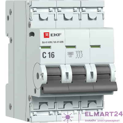 Выключатель автоматический модульный 3п C 16А 6кА ВА 47-63N PROxima EKF M636316C